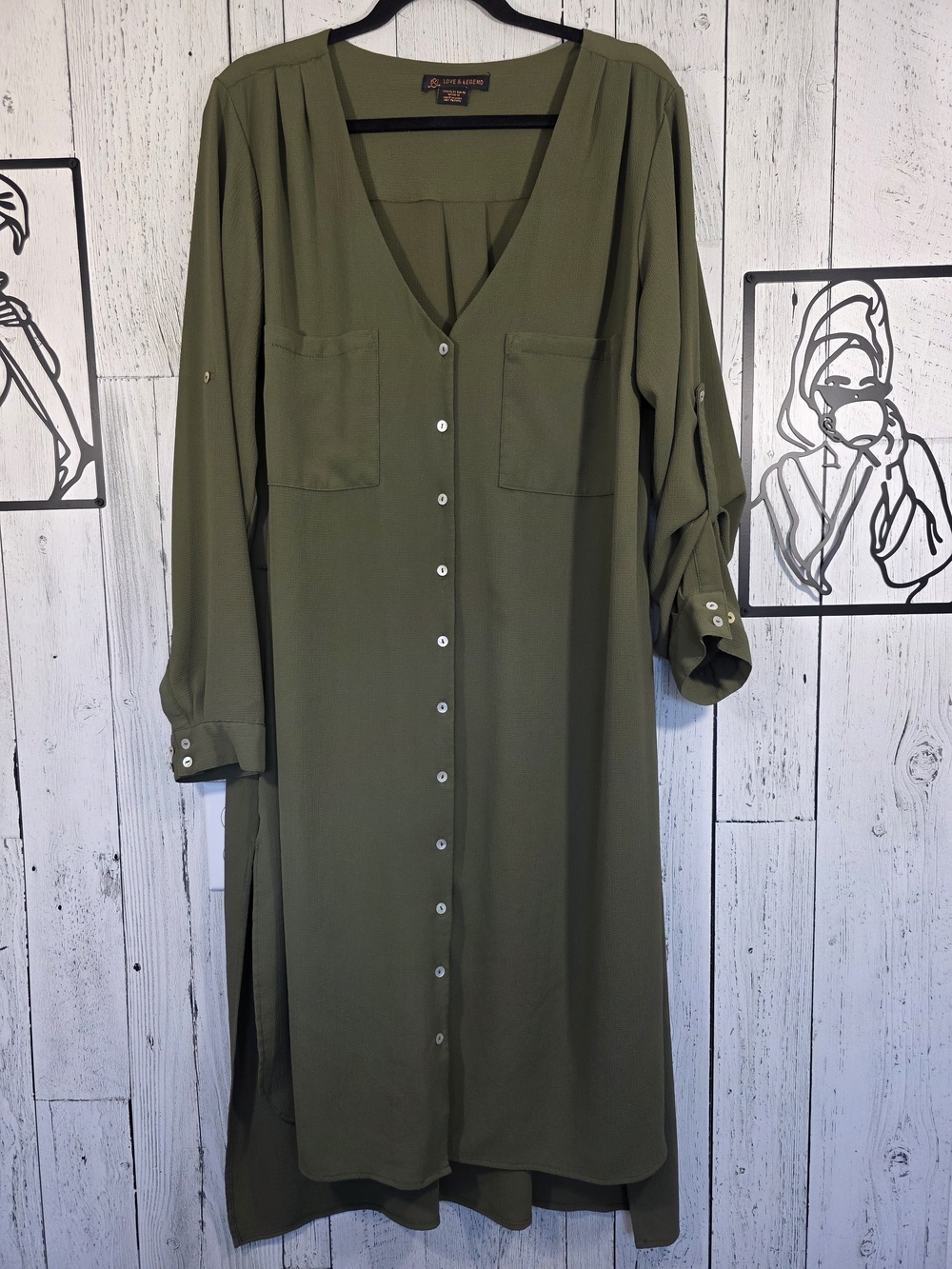 Love & Legend Olive Green Button Front Midi Shirt Dress Size 14